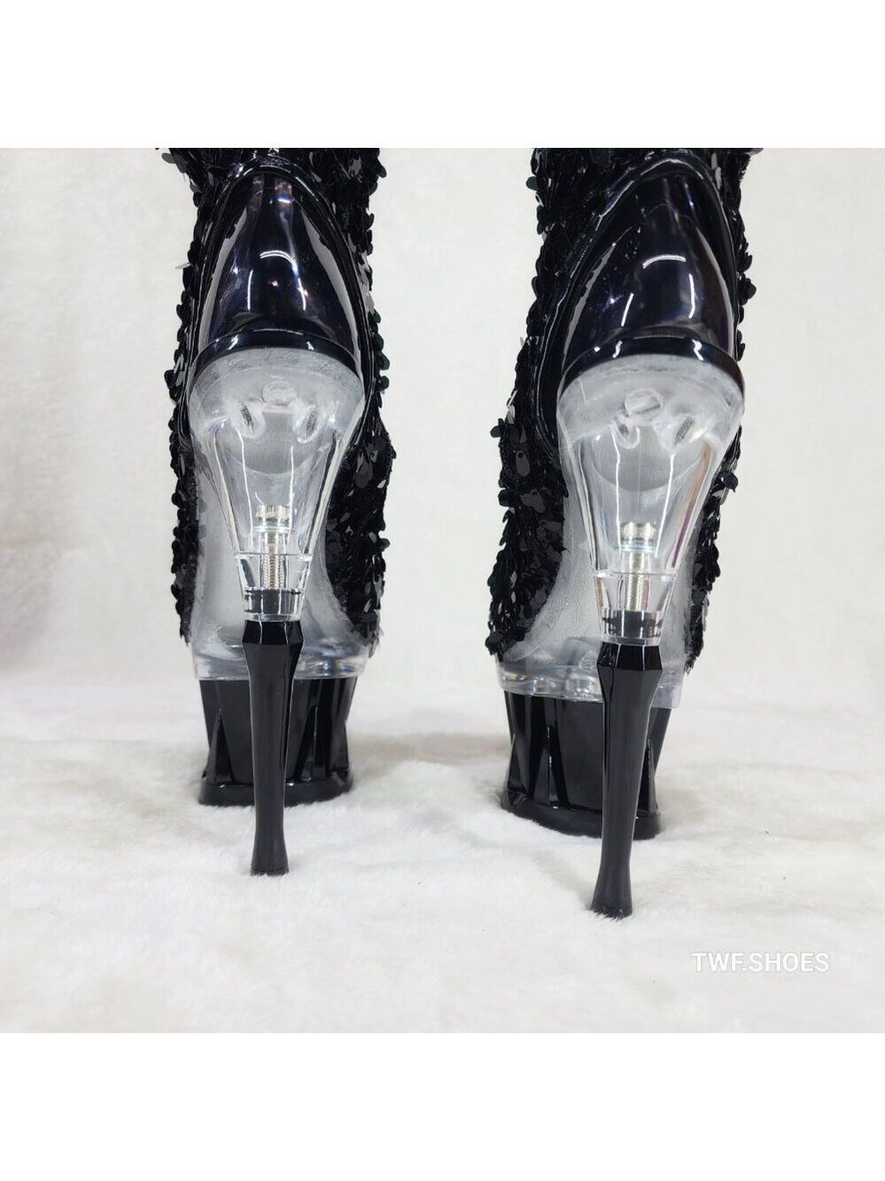Pleaser Spiky Black Sequin Knee Boots Spiked Design Platform - Picture 11 of 12